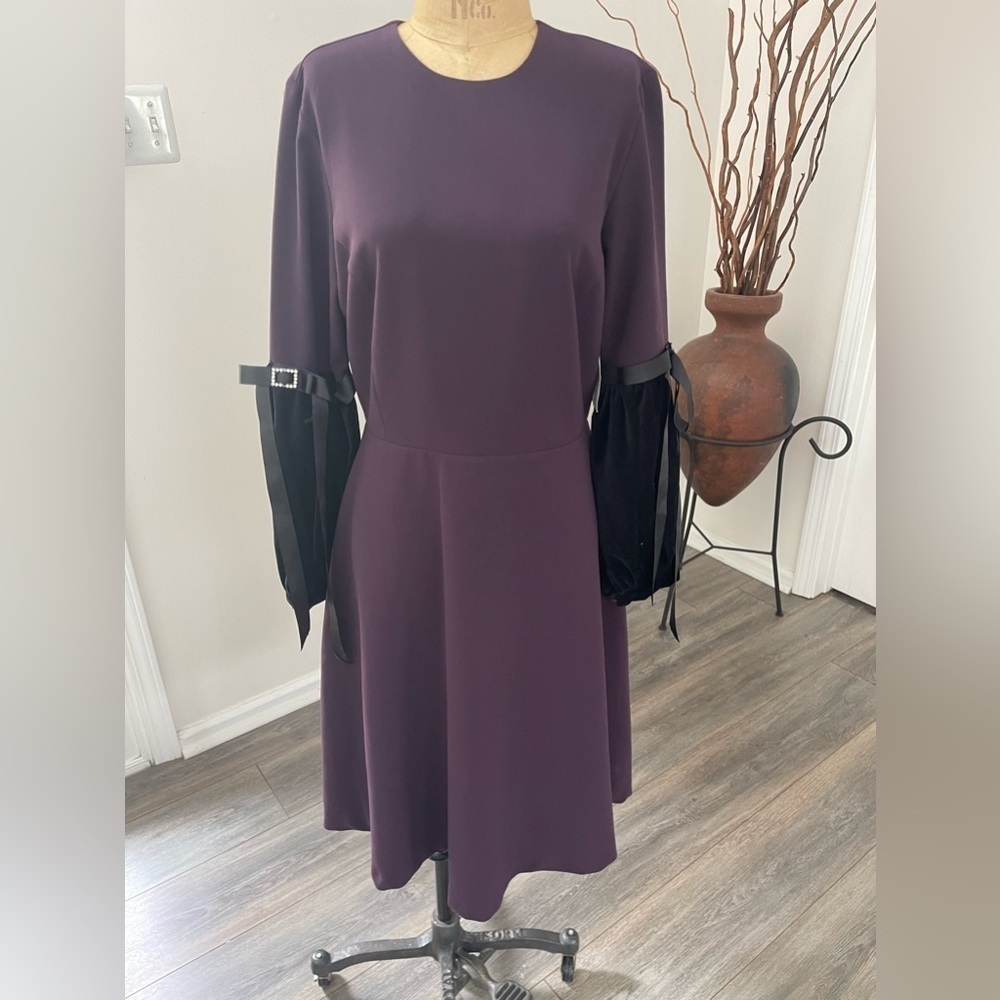 NWT Touch Women Dress Fit to Flare Size 40EU 12US Eggplant Black MIDI Poly Blend